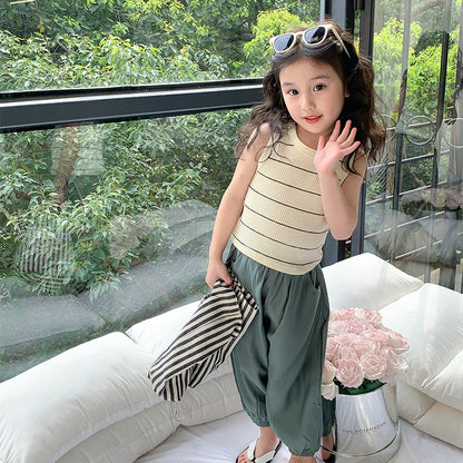 2024 Summer New Style Korean Style Sleeveless Round Neck Vest Tops for Children and Middle School Children Striped Letter Vests