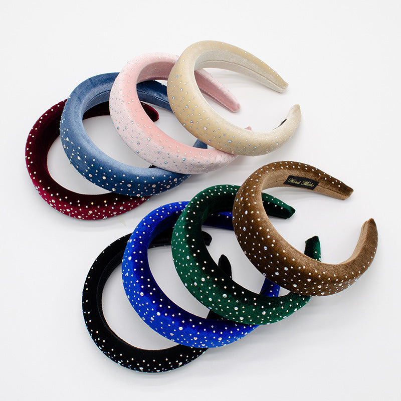 New French headband for women European and American retro diamond-studded sponge flat head buckle solid color fabric wide-brimmed headband hair cave for women