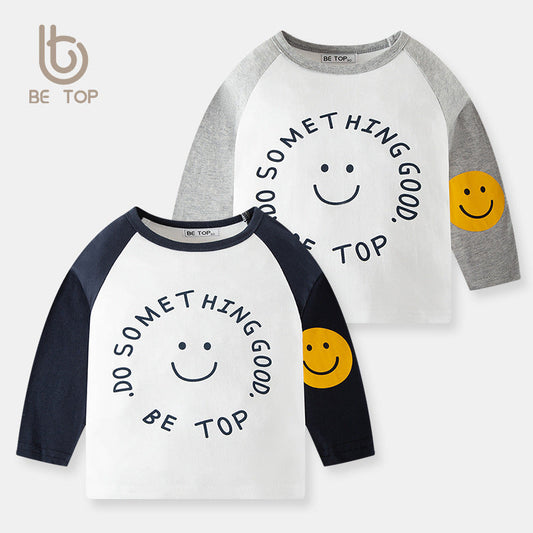 2024 new children's cartoon letter raglan sleeves pure cotton long sleeves boy round neck T-shirt Korean version children's clothing wholesale tide