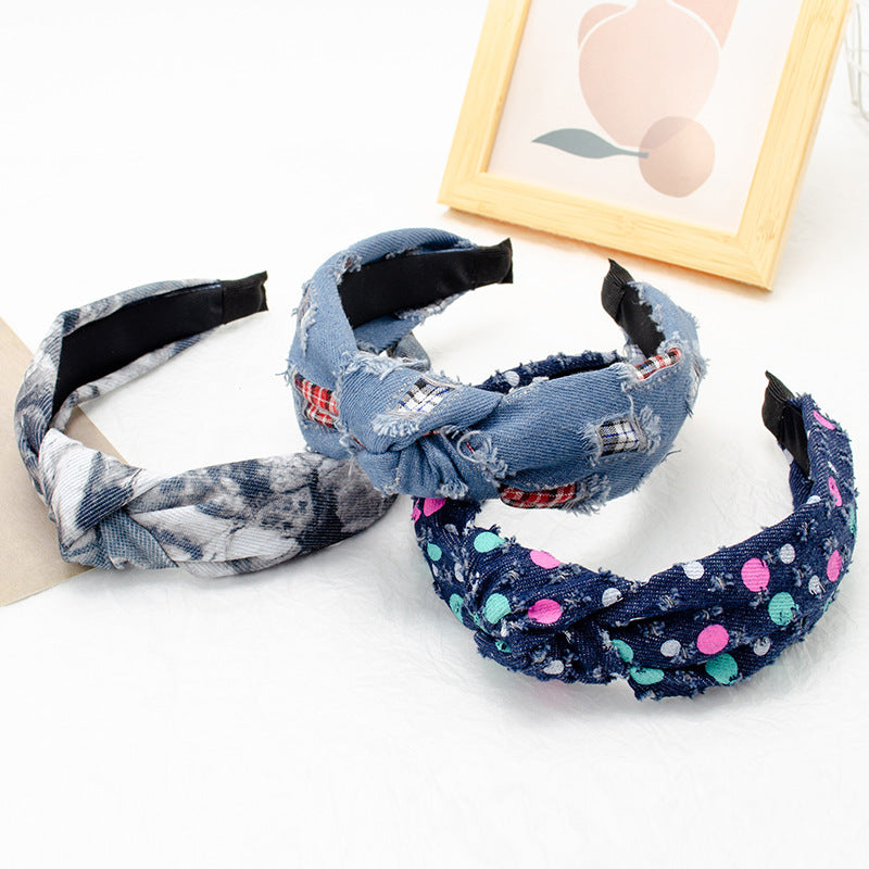 Cross-border new European and American headband women's Korean denim versatile temperament knotted head buckle wide-edge face washing headband hair cave women