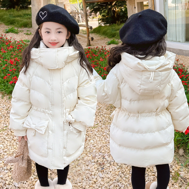 Girls new cotton coat with bow tie Korean style waist thick warm and long cotton coat for middle and large children three-proof wash-free fabric