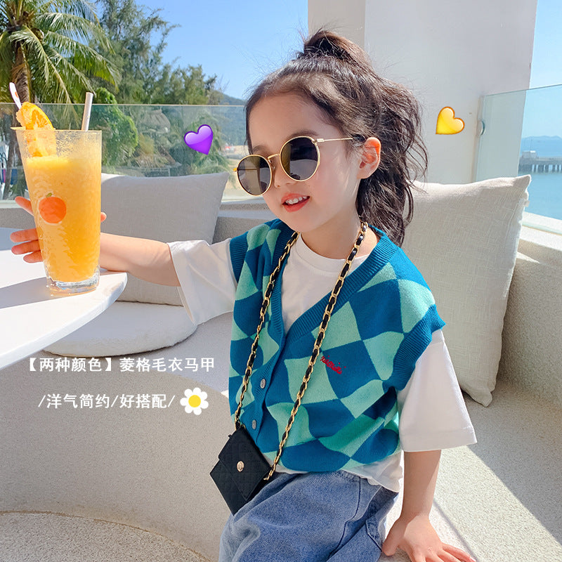 2022 Spring New ins Boys and Girls Children's Diamond V-neck Embroidered Cardigan Vest Vest Fashion Tops