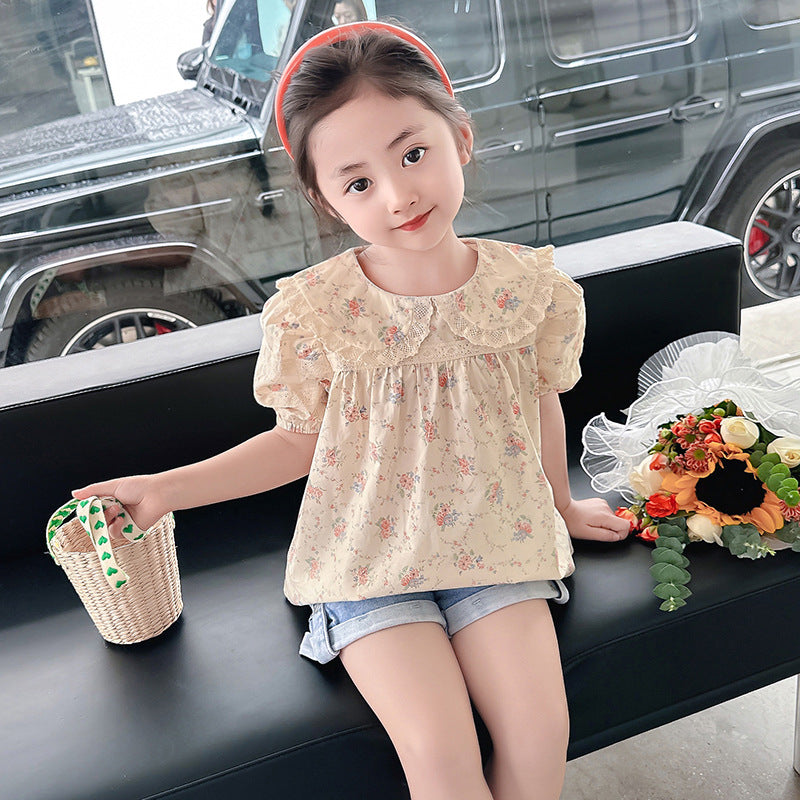 Girls Summer Short Sleeve Tops Cotton Shirt Button Cotton Floral Sweet Lace Korean Kindergarten Baby Shirt