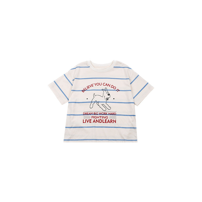 Amo Beibei 2024 Summer Boys and Girls Cute Letter Puppy Striped T-shirt Children's Baby Cotton Breathable Top