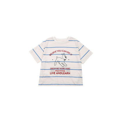 Amo Beibei 2024 Summer Boys and Girls Cute Letter Puppy Striped T-shirt Children's Baby Cotton Breathable Top