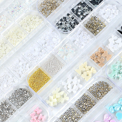 Nail art accessories aurora bow pearl rivet small accessories super flash small diamond 12 grid mixed nail decoration wholesale