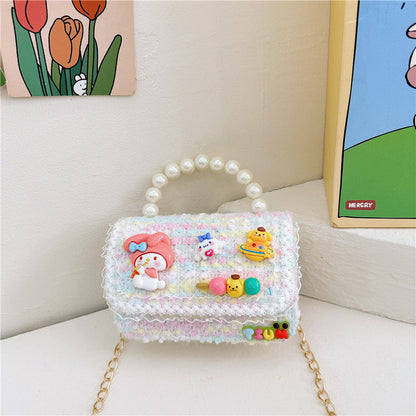 Autumn and winter stylish children's small square bag female fashion girl contrast color chain shoulder bag simple beaded handbag wholesale 