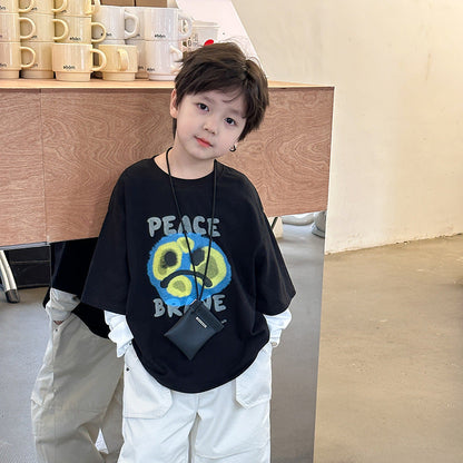 Amo Beibei handsome children's T-shirt 2024 spring boys and girls baby hip-hop long-sleeved fake two-piece letter top