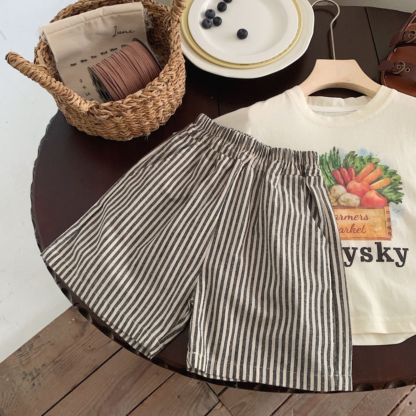 Children's suit Bangcheng 2024 summer boys two-piece suit fruit and vegetable short-sleeved + striped shorts new children's clothing G0216