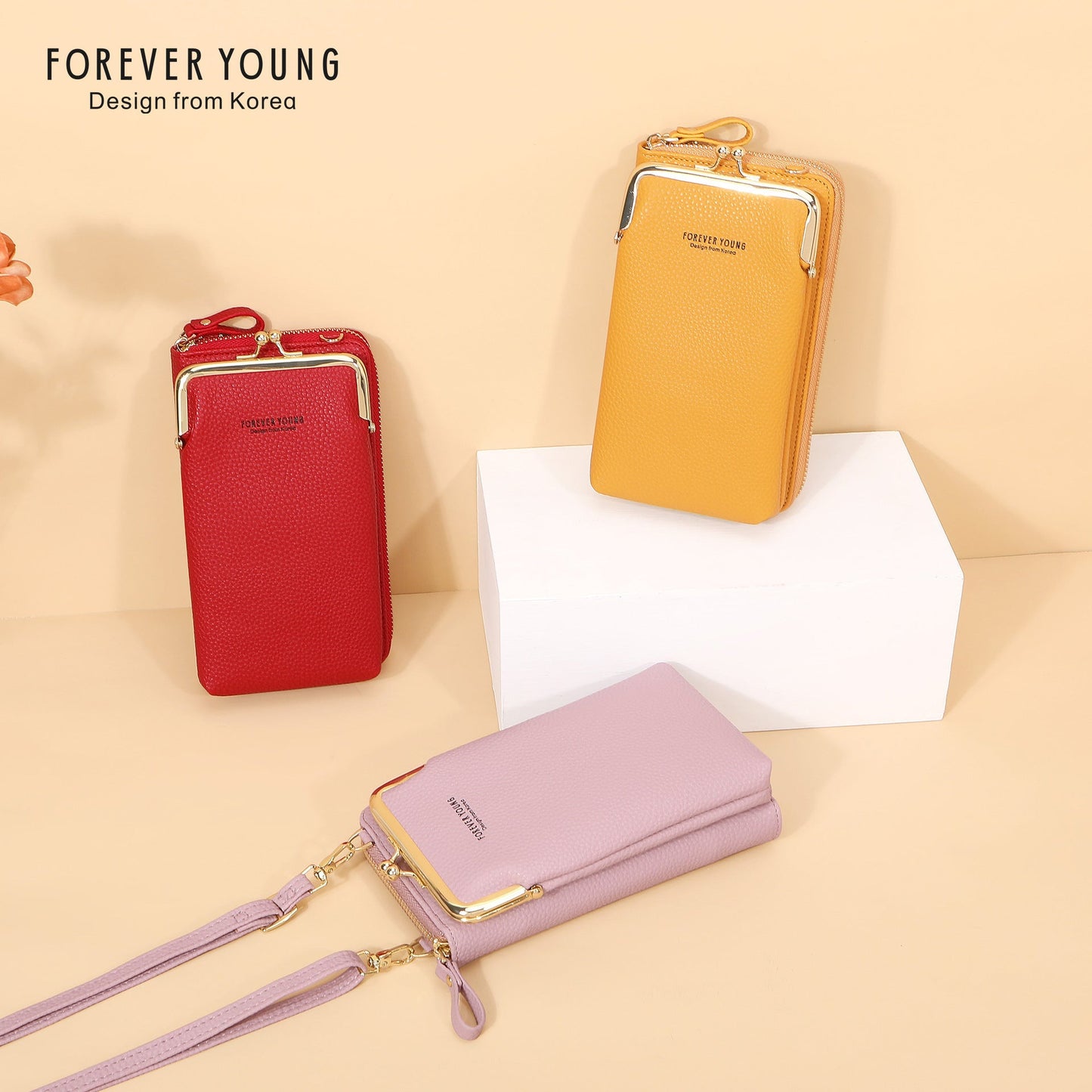 foreveryoung mobile phone bag messenger bag for women simple and fashionable litchi pattern large capacity coin purse foreign trade 