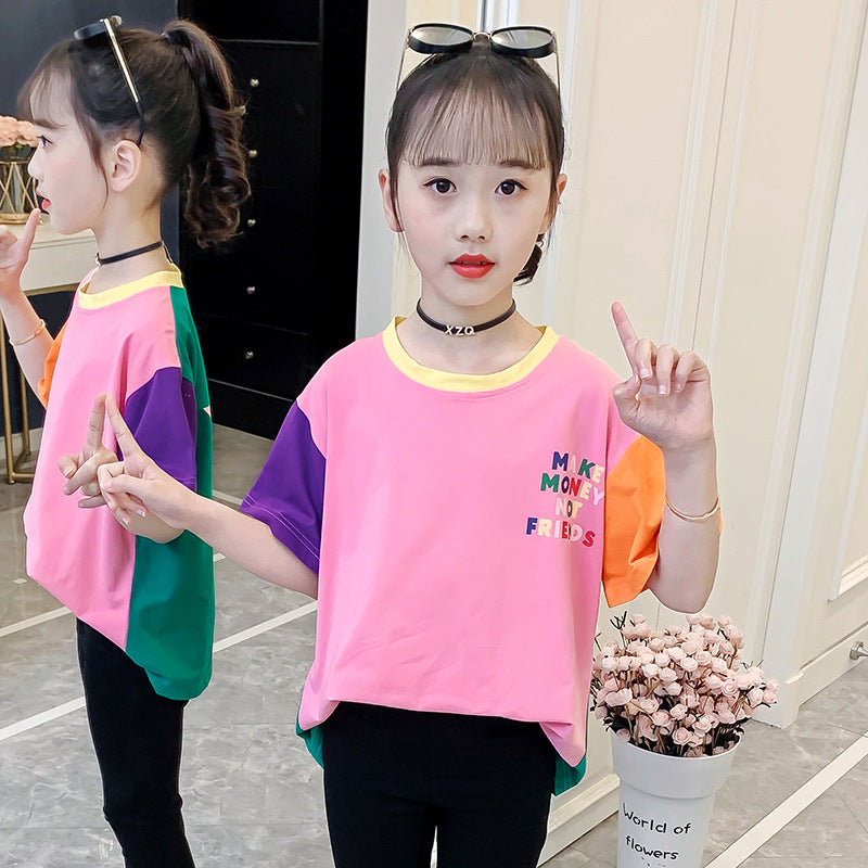 Girls short-sleeved T-shirt 2024 new children's summer clothes for middle and large children's clothes with fashionable cartoon prints and contrasting colors pure cotton tops