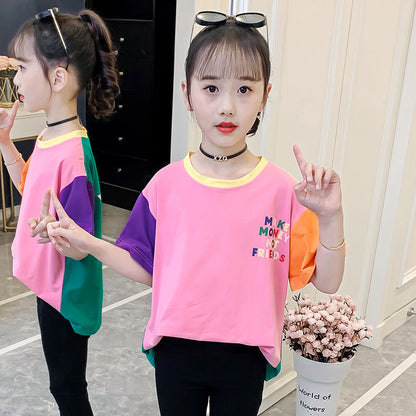 Girls short-sleeved T-shirt 2024 new children's summer clothes for middle and large children's clothes with fashionable cartoon prints and contrasting colors pure cotton tops