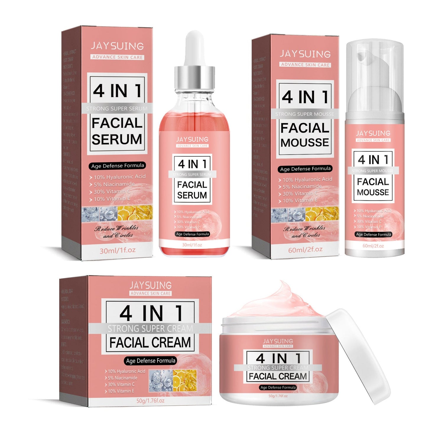 Jaysuing 4-in-1 Facial Skin Care Essence Cream Firming Moisturizing Skin Cleansing Moisturizing Oil Control Set 