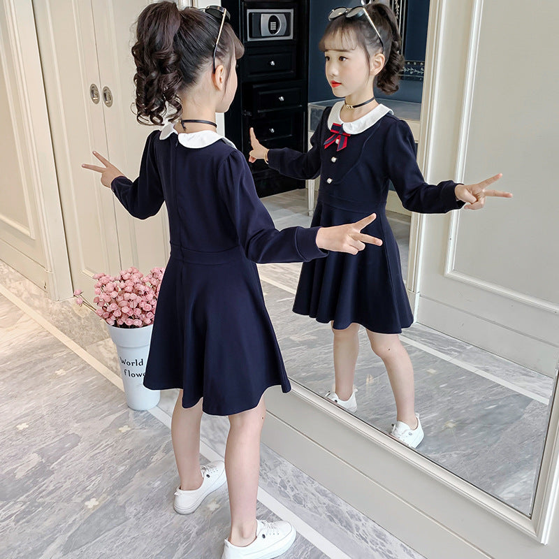 Girls Spring and Autumn Dress 2024 New Style Children's Clothing College Style Doll Collar Long Dress Internet Celebrity Princess Dress