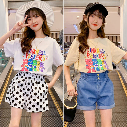 Children's Girls Summer Short-sleeved Tops Cotton T Cartoon Print Loose Elastic Fat Student Big Kids Large Edition