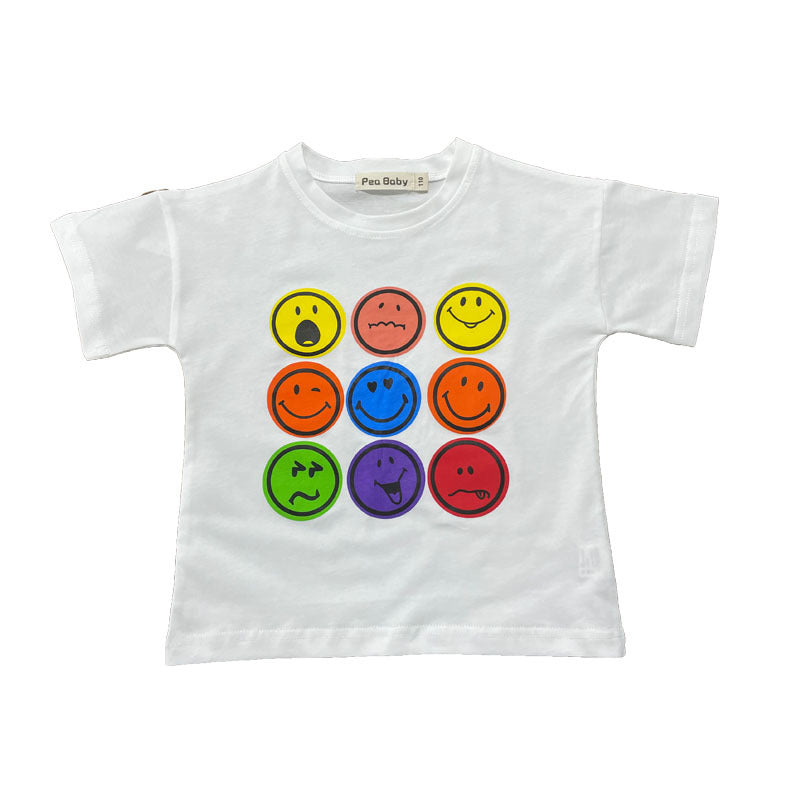 2024 Summer New Korean Version Children's Smiley Face Printed Casual Loose Short Sleeve Boys and Girls Baby Bottom T-shirt Trend