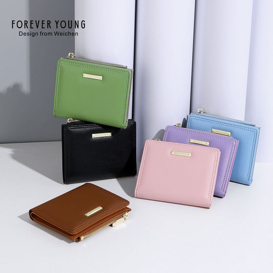 forever young short two-fold side-pull wallet women's simple multi-card slot multi-function ultra-thin coin purse 