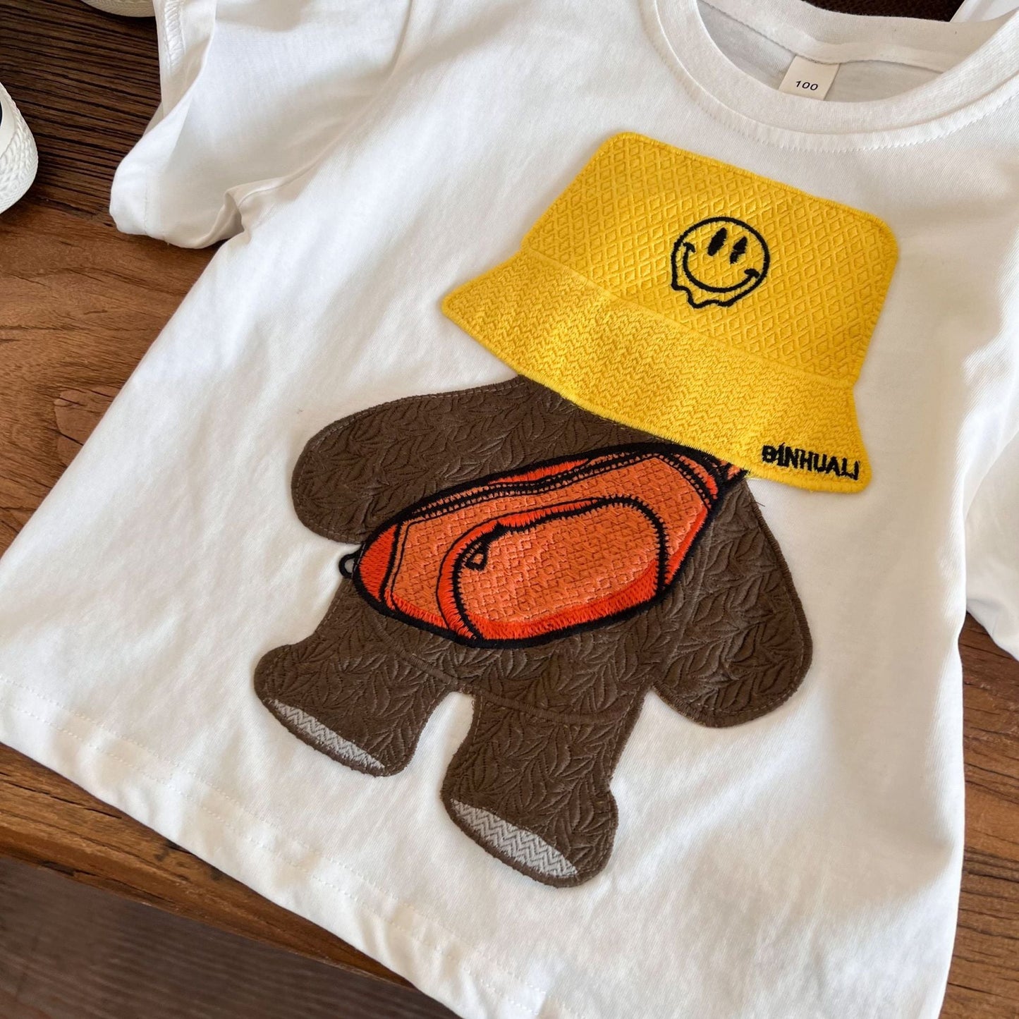 2024 summer new boys cartoon cute hat bear fashion children's trendy short-sleeved T-shirt