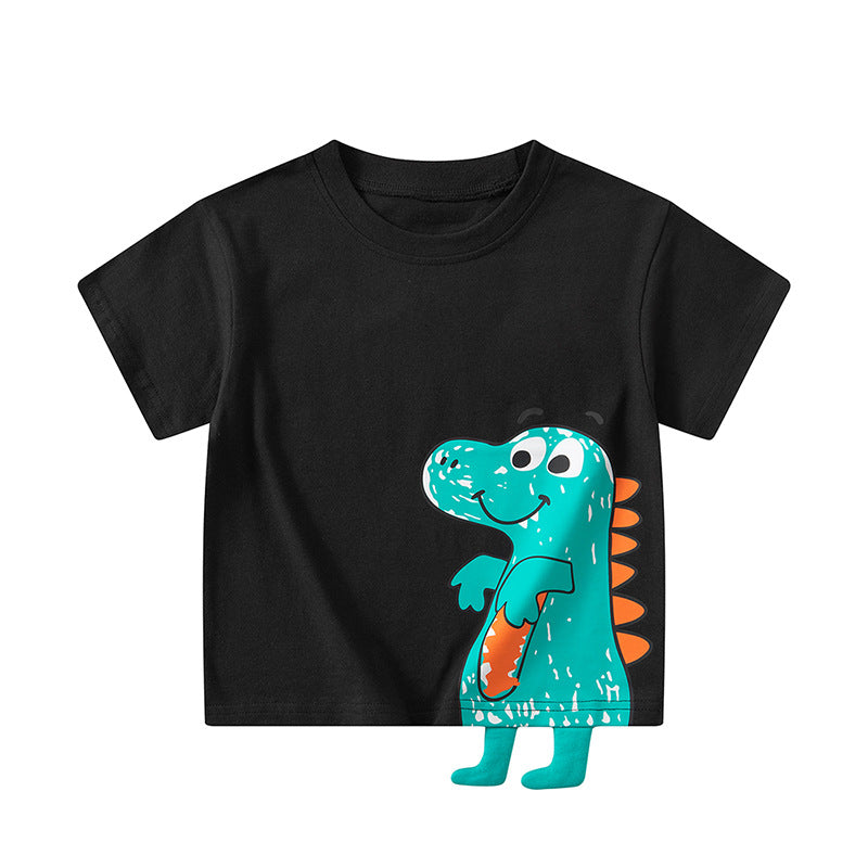 Children's cartoon three-dimensional dinosaur short-sleeved T-shirt pure cotton summer new boys half-sleeved top round neck vibrato supply