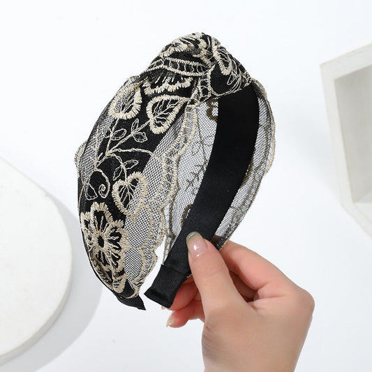 Headband wide-brimmed mesh lace knotted headband female hair accessories French embroidery headband for wearing outside and versatile hair clips wholesale