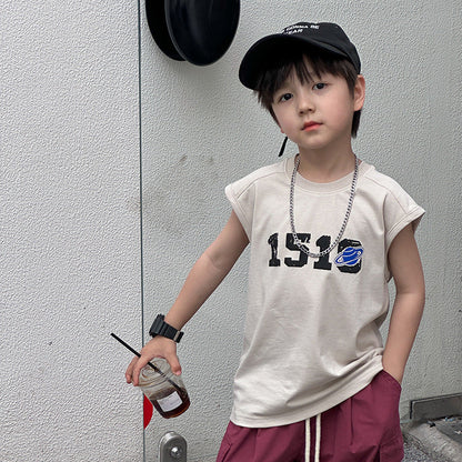 Amo Beibei children's clothing children's cotton comfortable vest 2024 summer boys handsome digital planet loose top