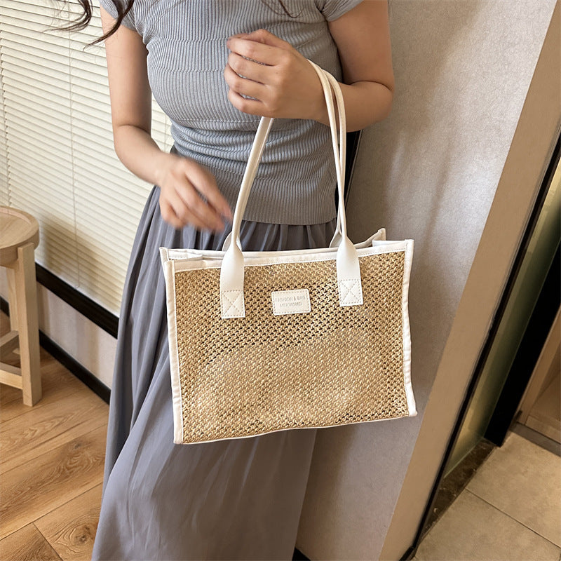 Western-style straw woven large-capacity bag for women 2024 new beach woven bag for women one-shoulder commuting tote bag large bag 