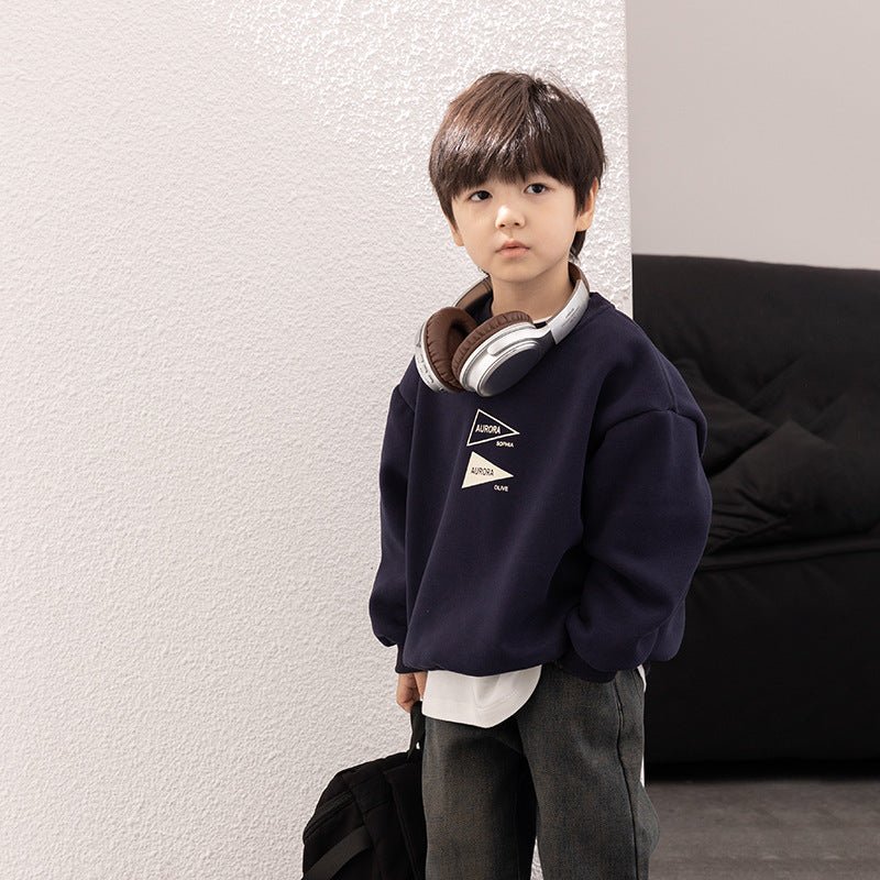 Amo Beibei boy 2023 winter style plus velvet handsome letter top baby composite Austrian grain velvet loose sweater trend