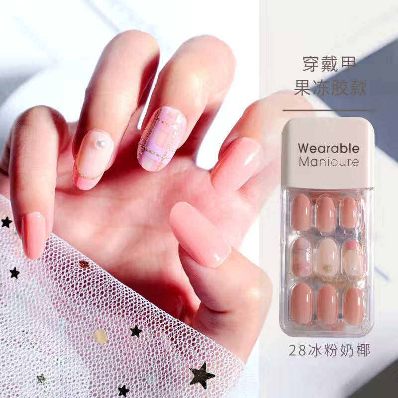 BK穿戴式美甲贴片成品批发春冬显白果冻胶穿戴甲拆卸方甲片nail30