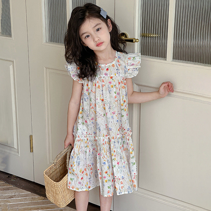 Girls summer dress pure cotton floral pure cotton long dress vest dress flying sleeves Korean style forest series beach vacation