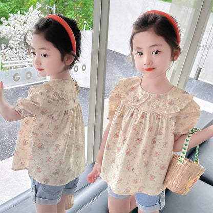 Girls Summer Short Sleeve Tops Cotton Shirt Button Cotton Floral Sweet Lace Korean Kindergarten Baby Shirt