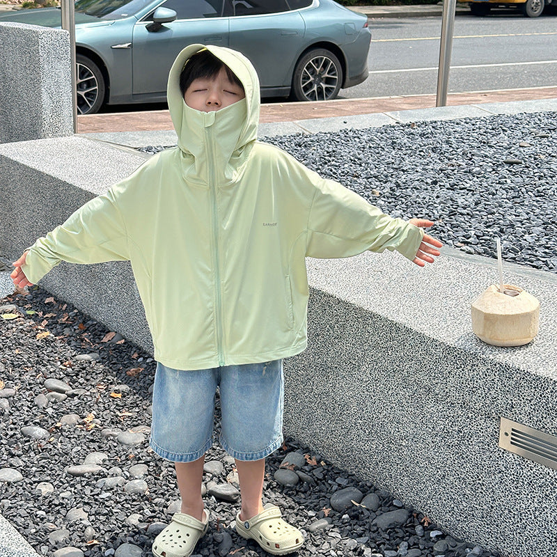 Amo Beibei children's clothing 2024 summer boys and girls UPF50+ cool ice silk mesh breathable hooded outdoor sun protection clothing