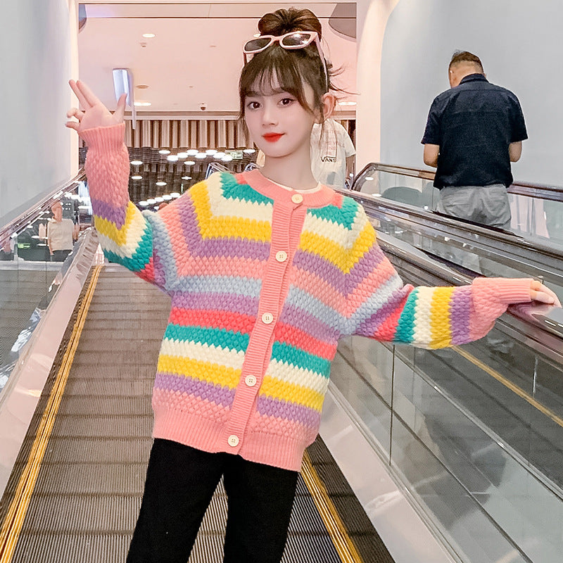 2024 autumn and winter girls cardigan sweater new rainbow knitted sweater for middle and large children loose Korean version with color