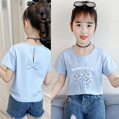 Girls summer short-sleeved T-shirt new style fashion print round neck T-shirt cute bow casual cotton top