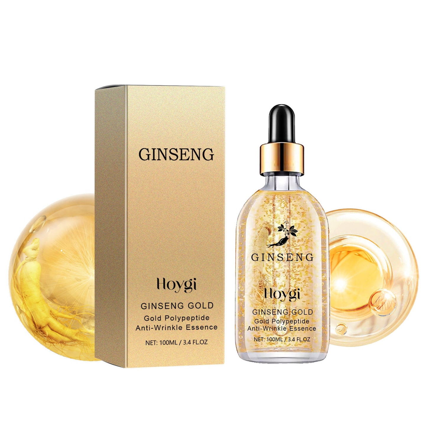 Hoygi Ginseng Gold Polypeptide Anti-Wrinkle Essence ផ្តល់សំណើមយូរអង្វែង ធ្វើអោយប្រសើរឡើងនូវស្នាមជ្រីវជ្រួញ ធ្វើអោយស្បែកទន់រលោង និងផ្តល់សំណើម។ 