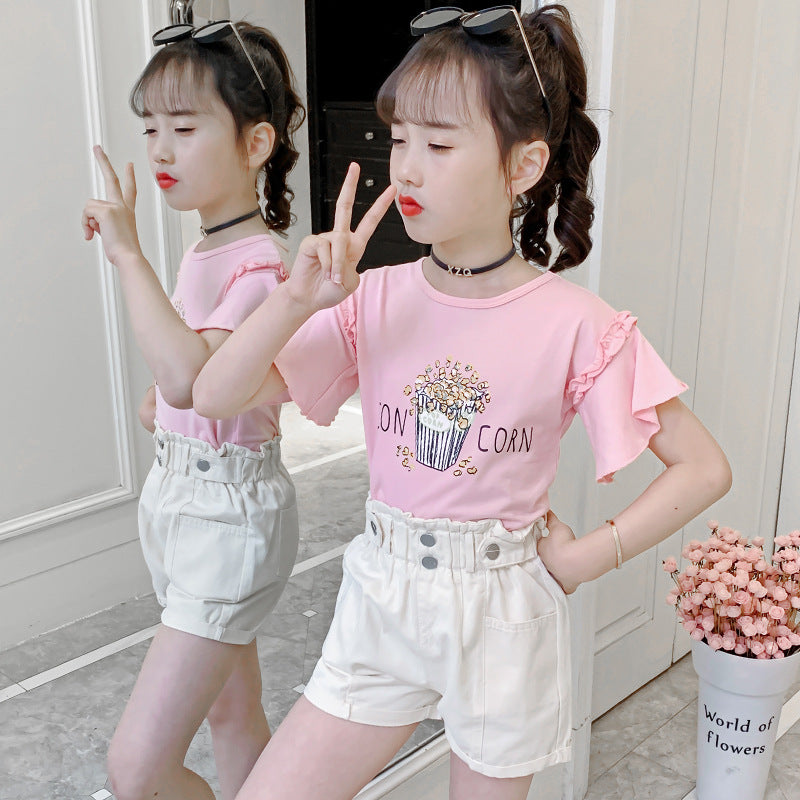 Girls summer shorts 2024 new children's clothing solid color casual flower bud shorts for middle and large children stylish cotton hot pants trend