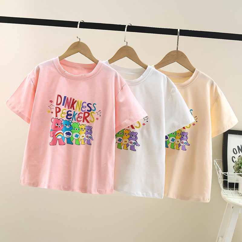 Children's Girls Summer Short-sleeved Tops Cotton T Cartoon Print Loose Elastic Fat Student Big Kids Large Edition