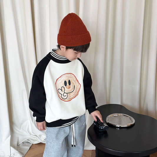 Amo Beibei children's winter plus velvet contrast color tops for boys and girls cute cartoon raglan fleece sweatshirt