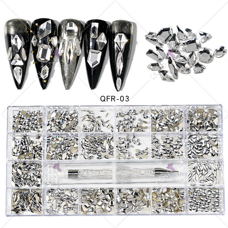 Nail art diamond jewelry 21-grid flat-bottomed special-shaped diamonds of different sizes mixed nail art diamonds special-shaped glass diamonds DIY accessories set