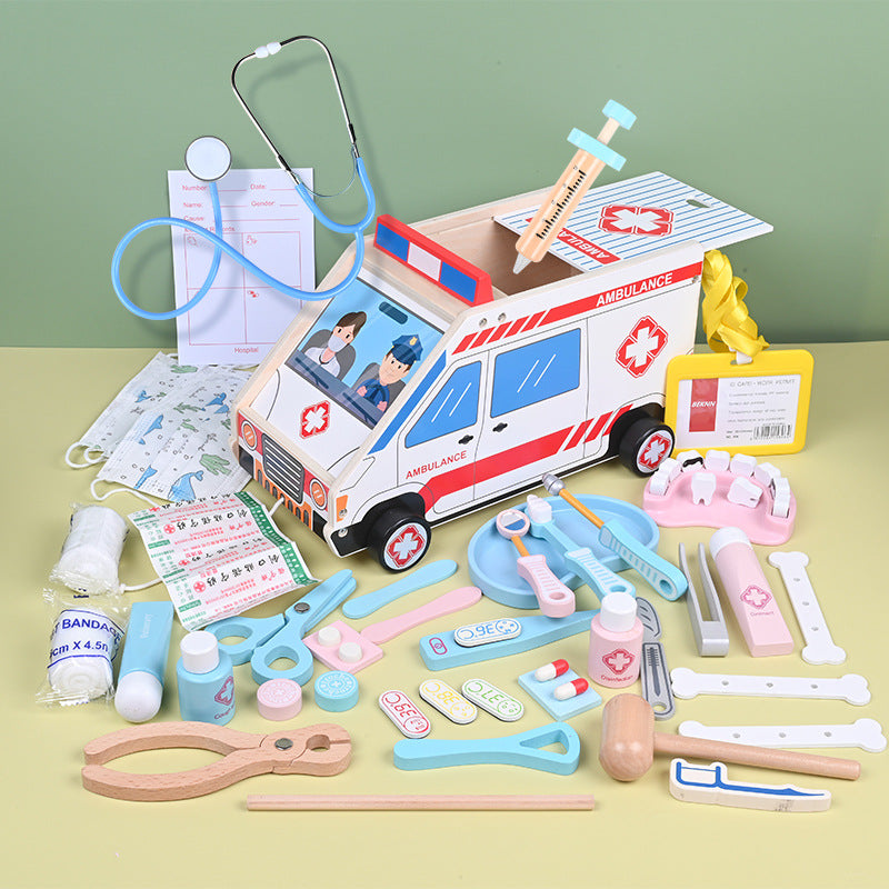 Children's wooden doctor set boy girl game car medical kit ambulance puzzle house toys