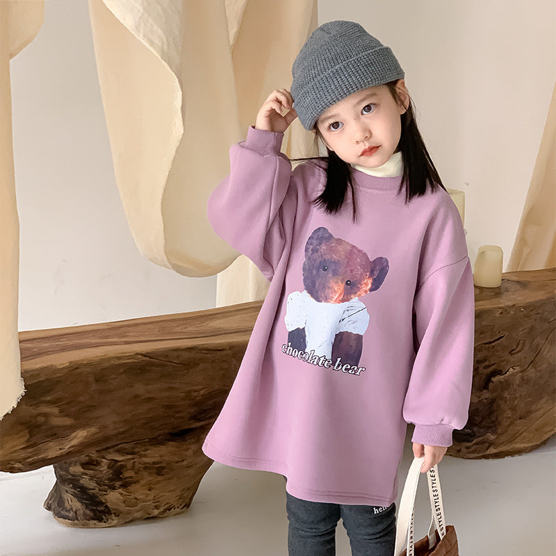 Korean children's clothing 2023 winter new children's velvet thickened sweater dress girls purple bear mid-length sweater