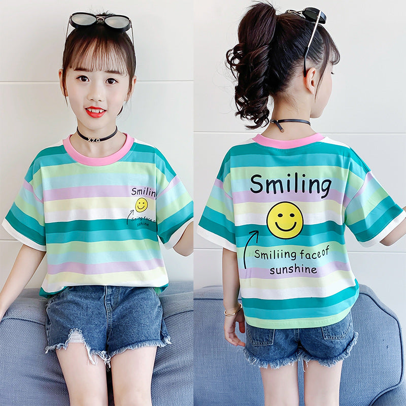 Girls summer T-shirt 2024 new medium and large children's striped color stripe short-sleeved top cotton rainbow casual T-shirt