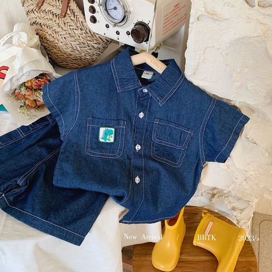 Children's suit 2023 Bangcheng summer style boys and small children Korean version of the little dinosaur logo denim short-sleeved two-piece suit F0107