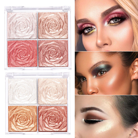 ការតុបតែងមុខ 4-color-gloss eye shadow blush flower rose high-gloss contouringភ្លឺនិងផ្កាភ្លើង ពាណិជ្ជកម្មបរទេស