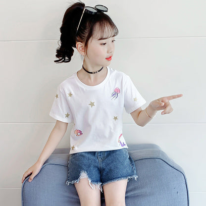 Girls summer short-sleeved T-shirt 2024 new fashion cartoon print loose T-shirt casual sports cotton top