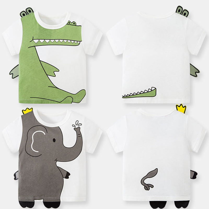 Cross-border children's clothing 2024 summer new children's baby cartoon three-dimensional round neck knitted printed tops short-sleeved T-shirt