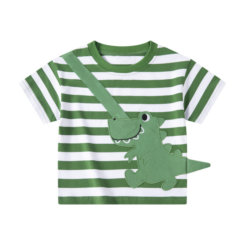 betop Korean version of car flower children's clothing striped three-dimensional dinosaur children's short-sleeved T-shirt summer new cross-border supply