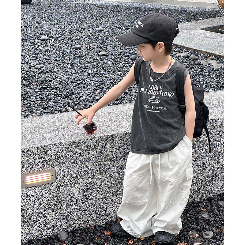 Amo Beibei children's clothing boys 2024 summer handsome retro loose sleeveless tops baby sand washed cotton letter vest