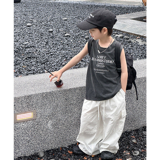 Amo Beibei children's clothing boys 2024 summer handsome retro loose sleeveless tops baby sand washed cotton letter vest