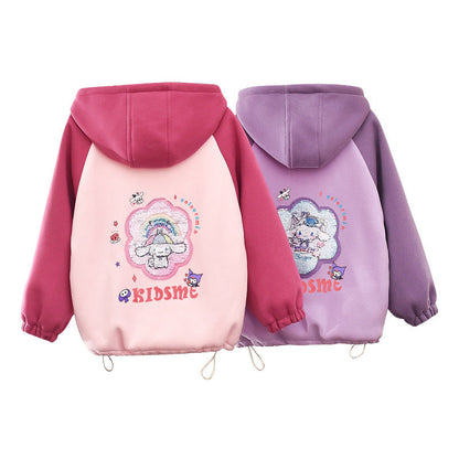 Girls autumn and winter thickened fleece jacket cardigan zipper Korean style sequins cartoon warm kindergarten children middle children