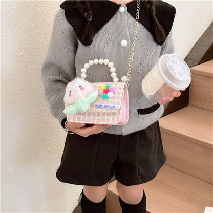 Cartoon cute children's small square bag fashionable pearl handbag versatile girl stylish chain shoulder crossbody backpack